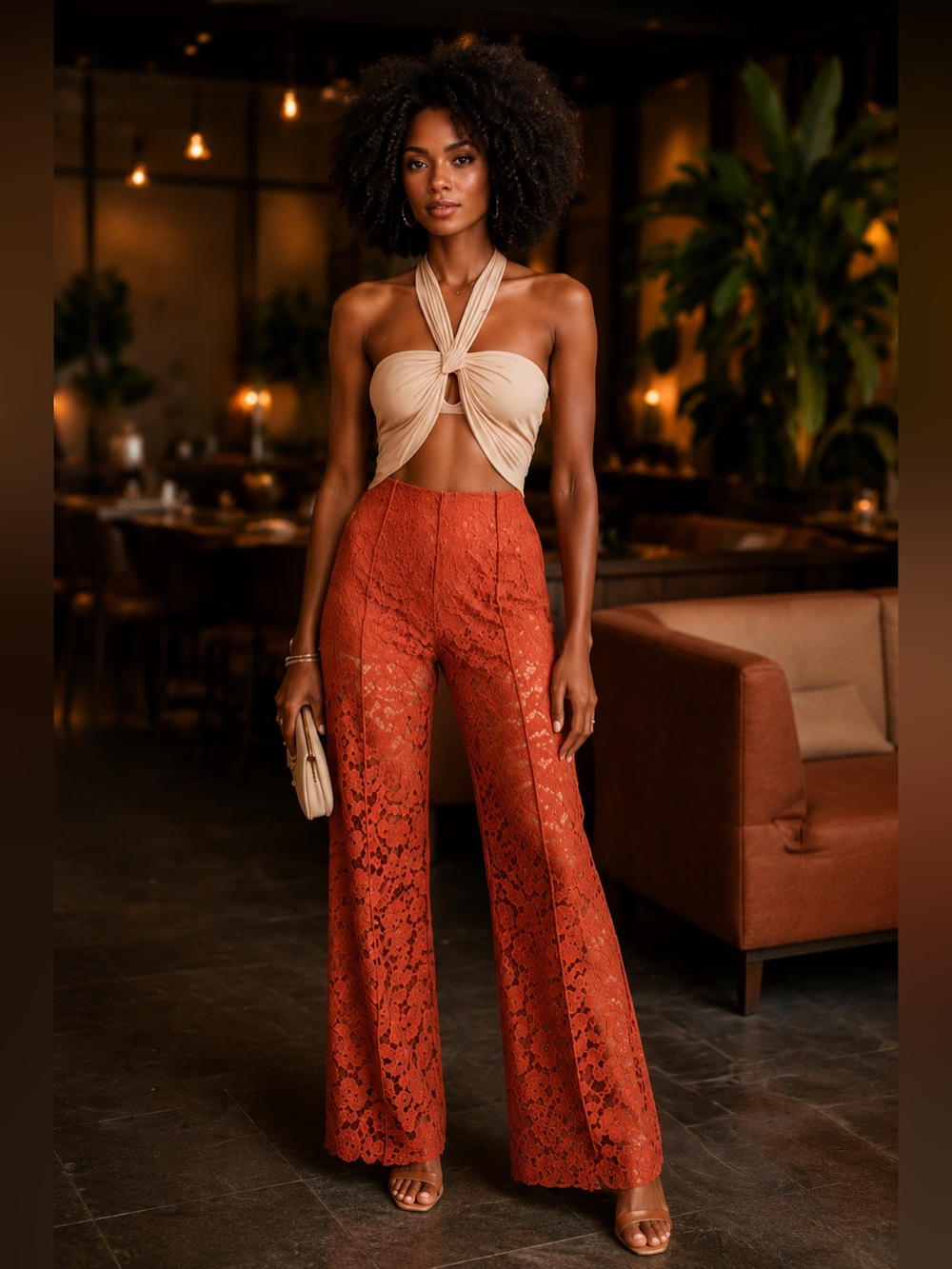 BEBE Burnt Orange Semi Sheer Lace Wide Leg Trouser Built-In Shorts Romantic Boho
